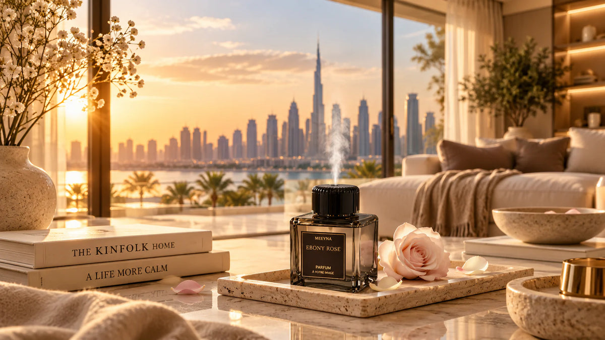 Diffuseur de parfum Meeyna Ebony Rose dans un salon de luxe au coucher du soleil